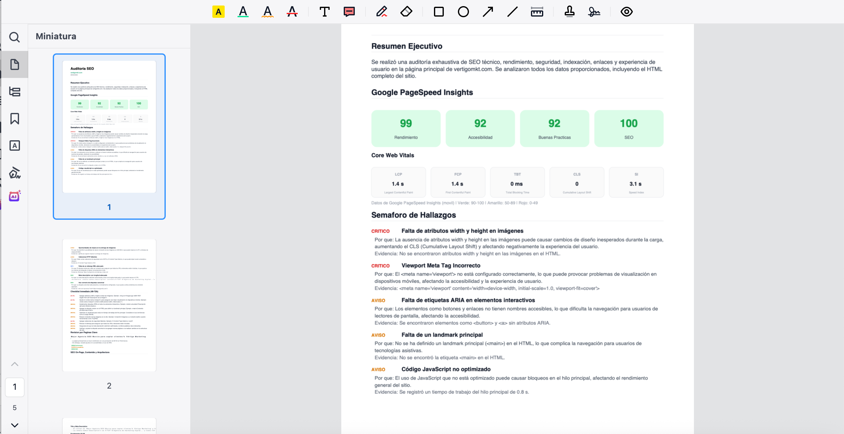 Dashboard de auditoria SEO con puntuaciones de rendimiento, accesibilidad y SEO